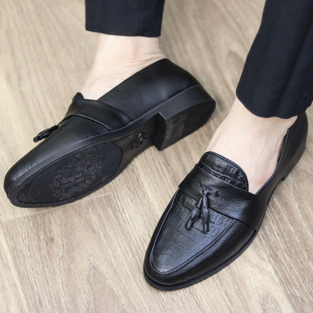 Giày lười da nam dập vân cá sấu, có chuông - Đế cao su non cao 3cm, Mã x091C, Màu Đen- Hàng Việt