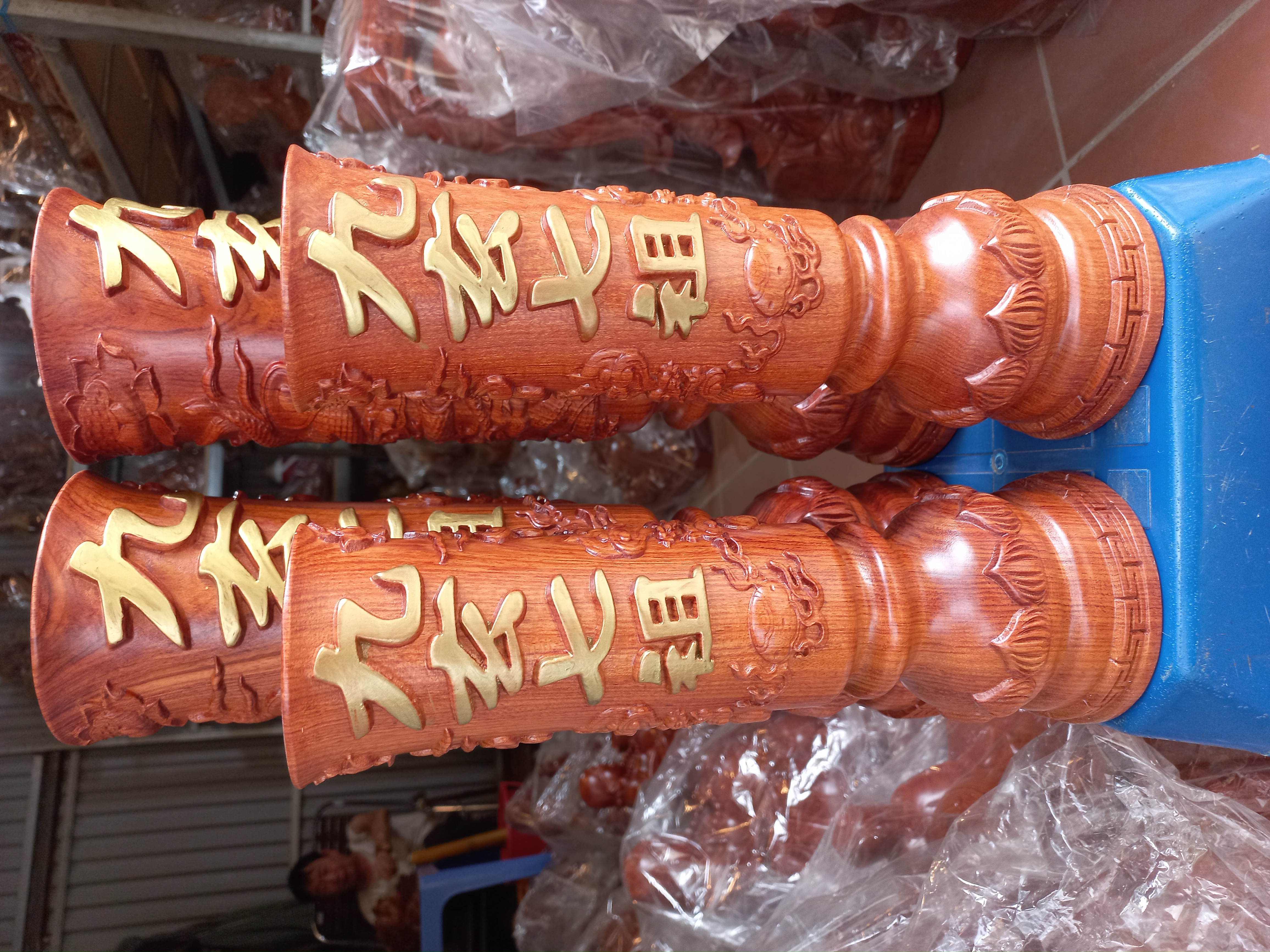 Cặp ống đựng nhang khắc rồng gỗ hương kt cao 40