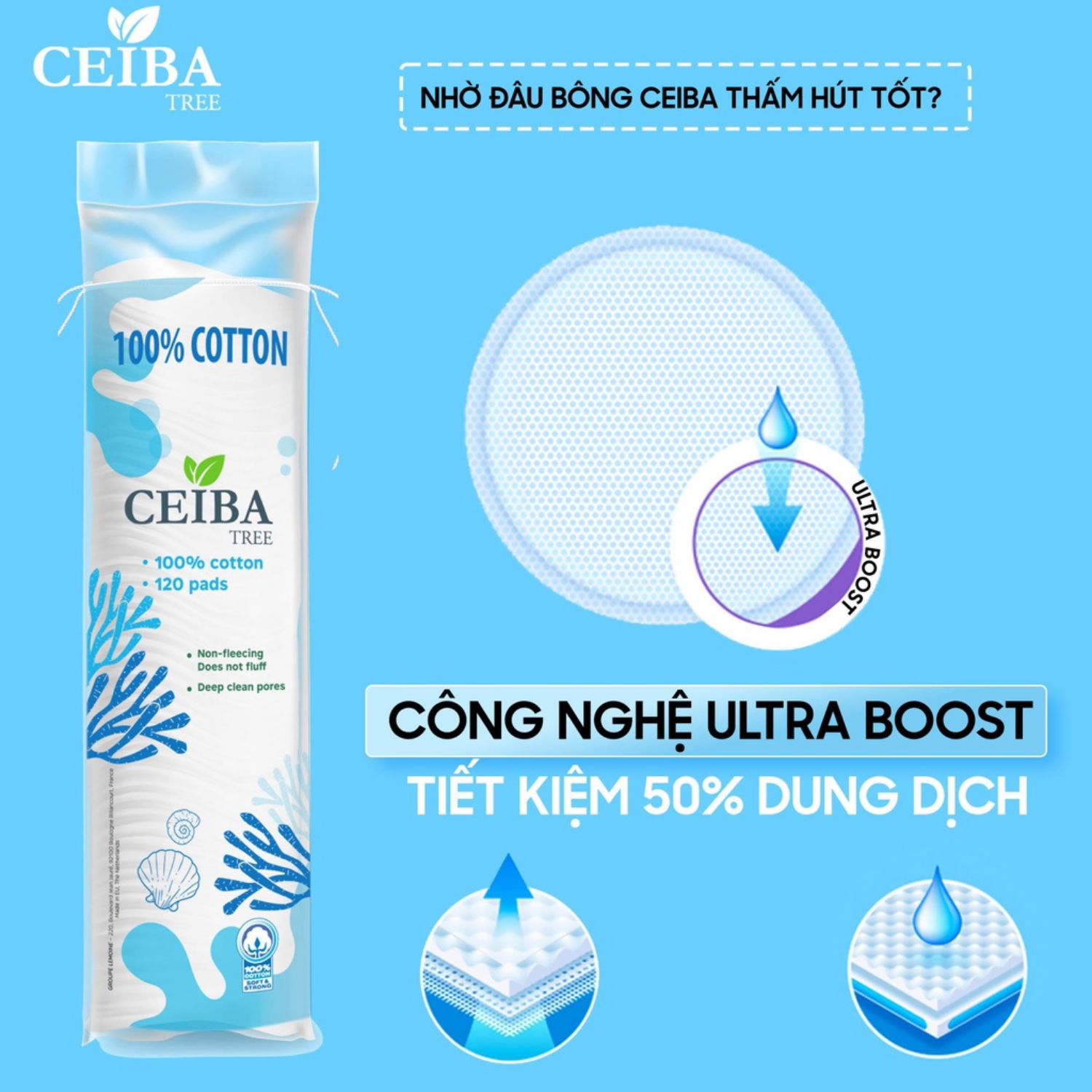 Bông Tẩy Trang Ceiba Tree Organic Pháp 100% Chất Liệu Cotton 80 Miếng