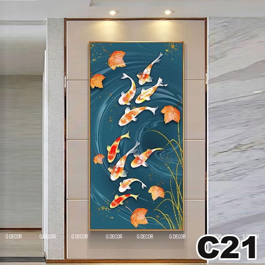 Tranh treo tường canvas 1 bức phong cách hiện đại Bắc Âu 19, tranh cửu ngư quần hội trang trí phòng khách, phòng ngủ