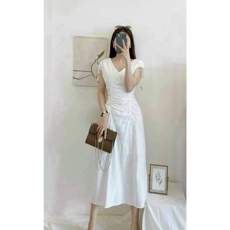 Đầm váy nữ midi xòe cổ V rút vai có 3 màu TKN
