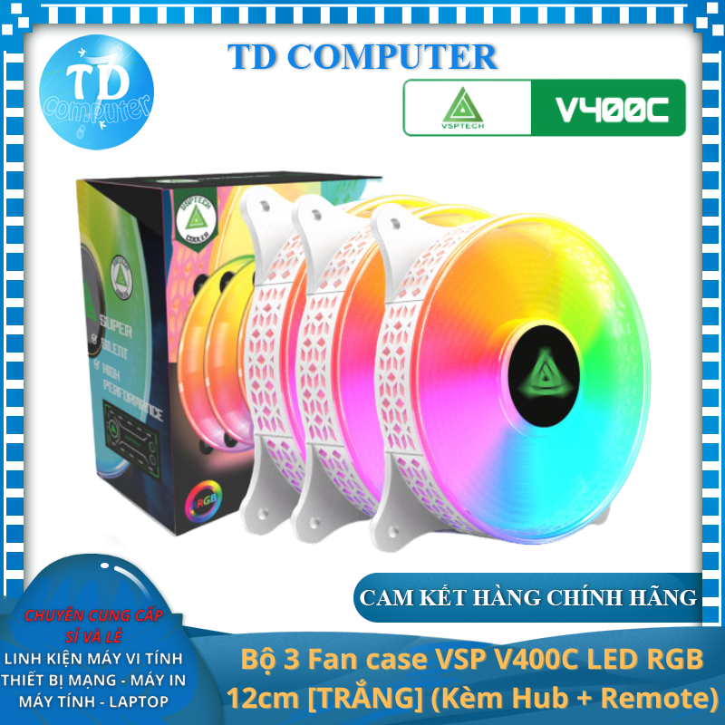 Bộ 3 Fan case VSP V400C LED RGB 12cm [TRẮNG] (Kèm Hub + Remote) - Hàng chính hãng Tech Vision phân phối