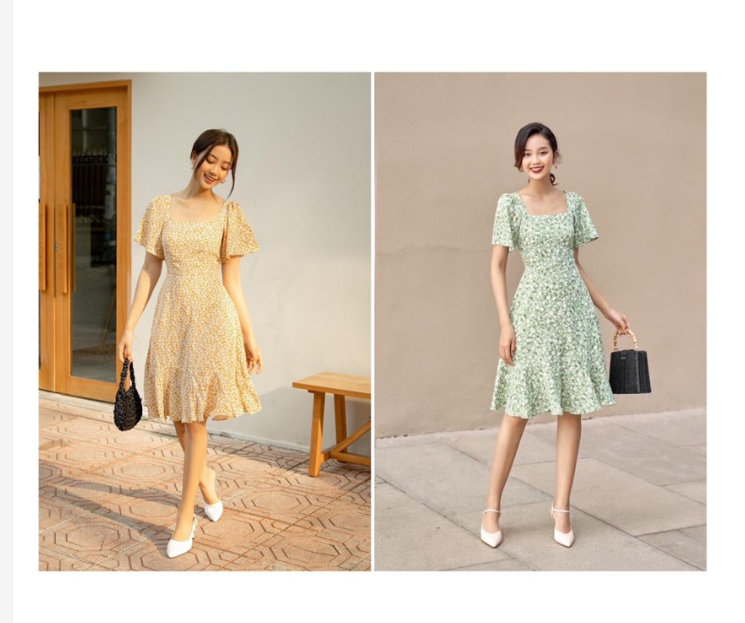 VÁY CỔ VUÔNG TAY CÁNH TIÊN TÙNG ĐUÔI CÁ MIDI - NA4