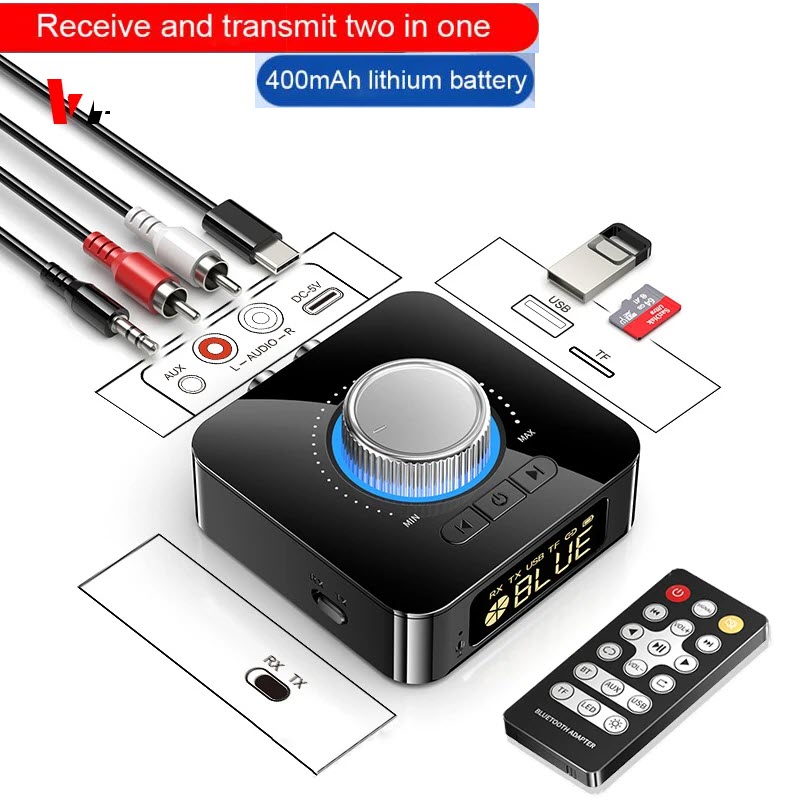 Bộ Thu Phát Âm Thanh 3D Stereo Bluetooth 5.0 BLT-M5 Hỗ Trợ Kết Nối Aux/RCA WTF/U Disk Có Đèn Led Kèm Điều Khiển Từ Xa Pin 400mAh. M5 Wireless Audio Adater Transmitter Receiver For Headphones TV Stereo Sound Support TF U-Disk Play Digital With Mic