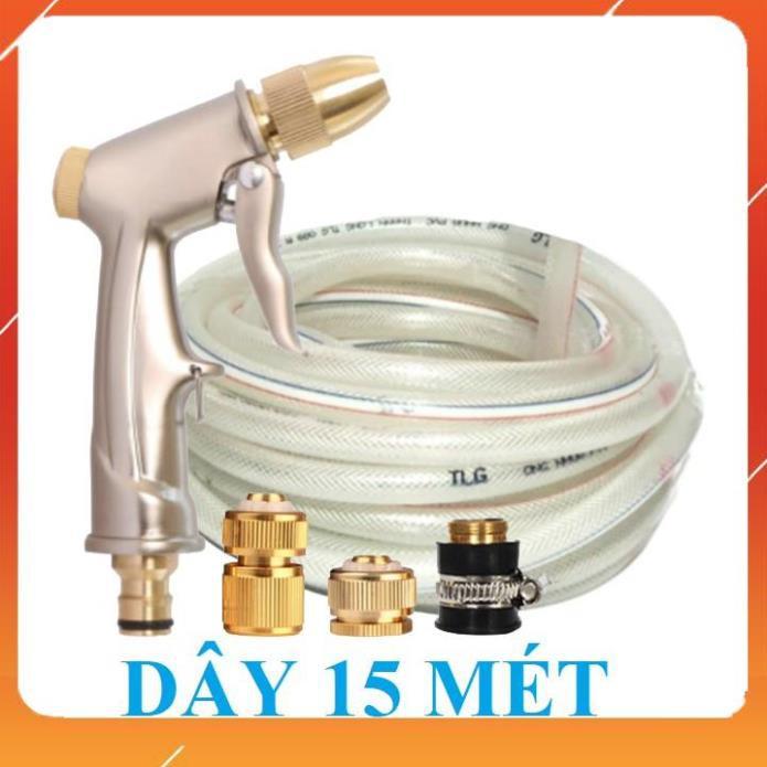 Bộ dây vòi xịt bơm nước tưới rửa , tăng áp 3 lần, loại 15m 206701-1 đầu đồng,cút đồng