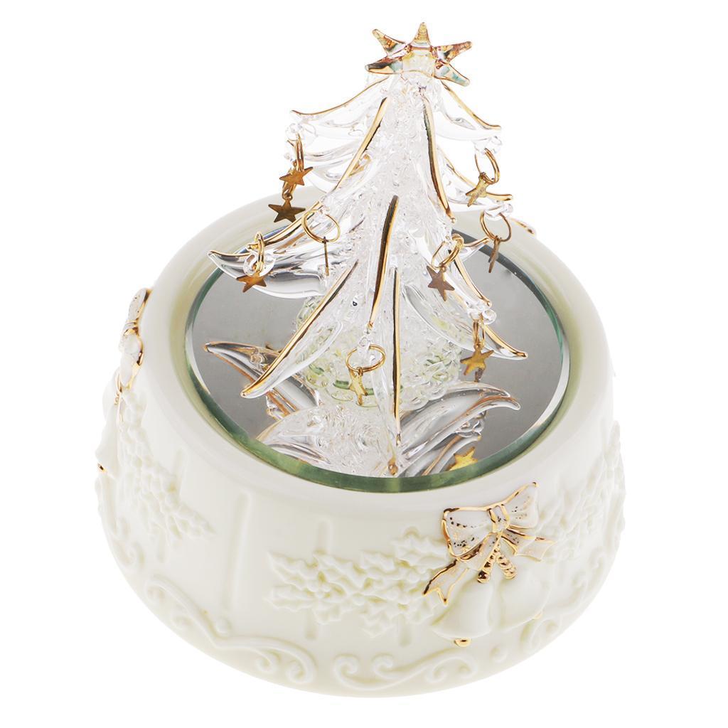 Christmas Tree Wind Up Rotate Music Box Spun Glass Art Crafts for Collection