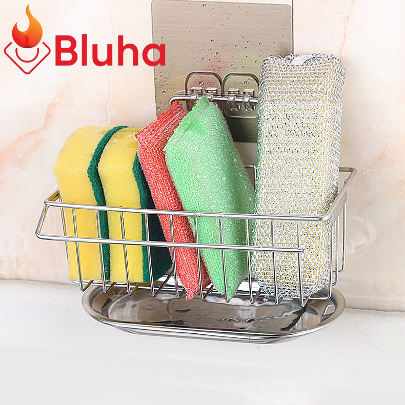 Giá để Giẻ Rửa Bát Dán Tường Inox KRC4 - Giỏ treo đồ rửa chén Kèm Khay Hứng Nước và Thanh phơi khăn tiện dụng không han rỉ