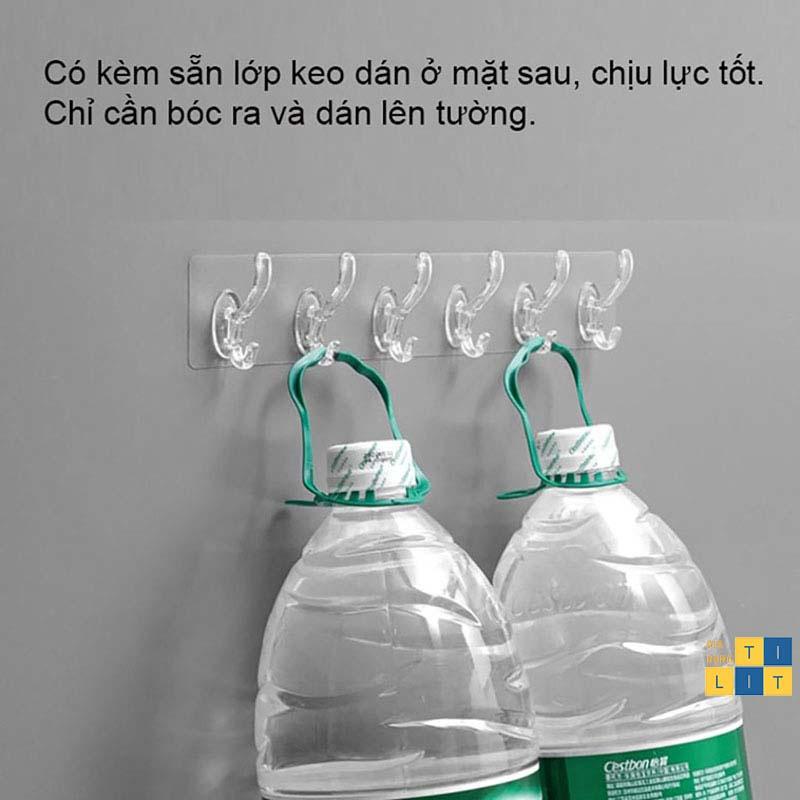 MÓC DÁN NGUYÊN KHỐI 6 MÓC TRONG SUỐT- Thanh 6 móc treo đồ dán tường siêu dính chịu lực đa năng trong suốt  C1