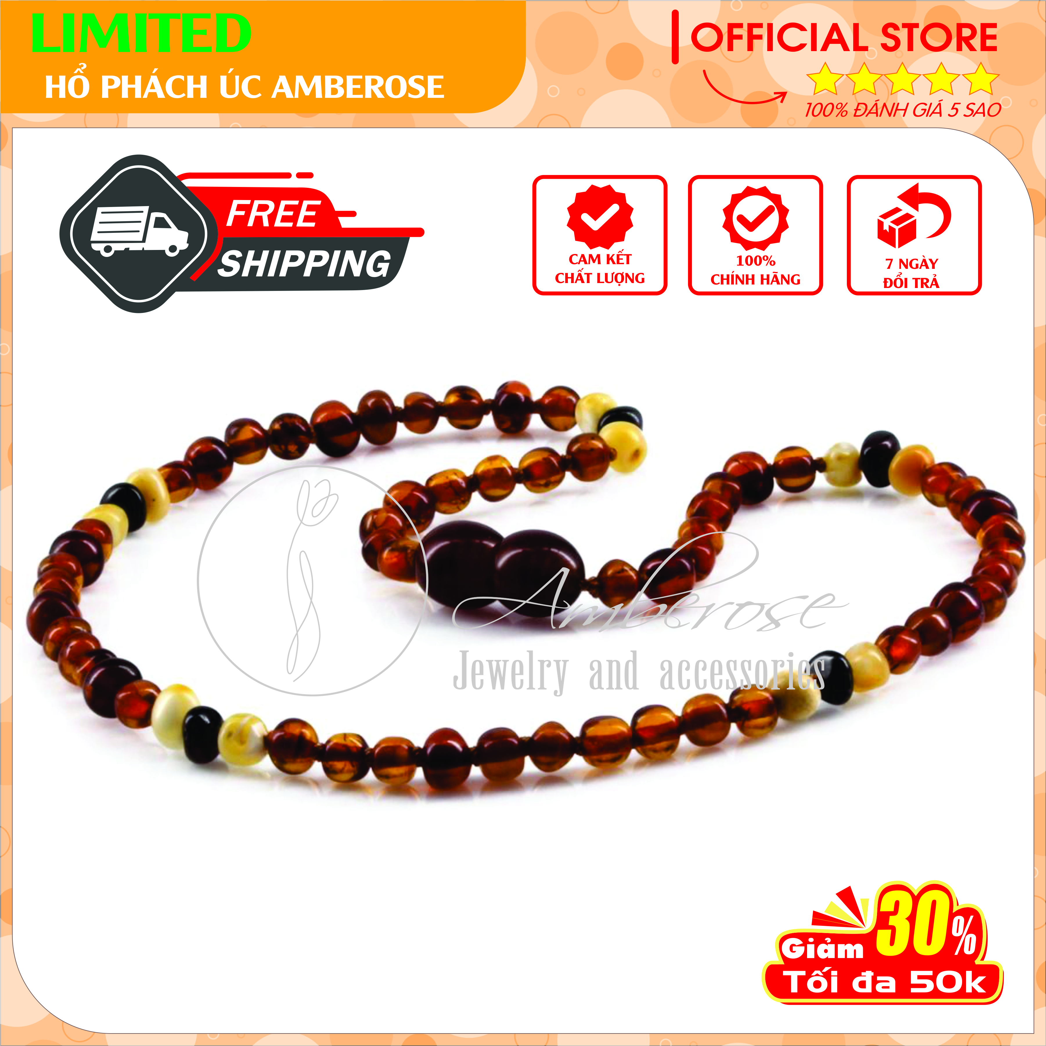 Vòng Cổ Hổ Phách Amber Úc Cho Bé 0 - 10 tuổi VCABLMT8