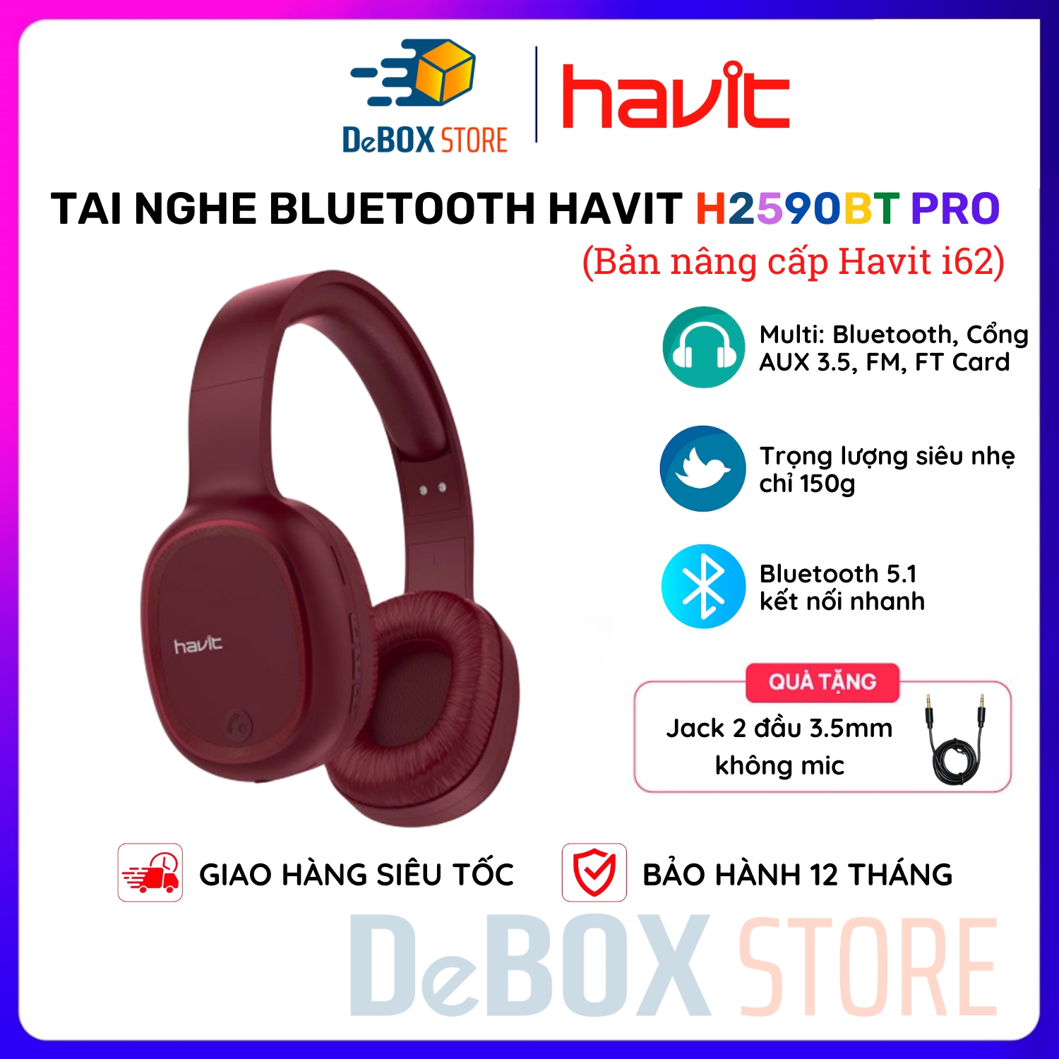 Tai Nghe Chụp Tai Không Dây HAVIT H2590BT Pro Bluetooth 5.1 (Bản nâng cấp của Havit i62) Siêu nhẹ 150g - Hàng chính hãng