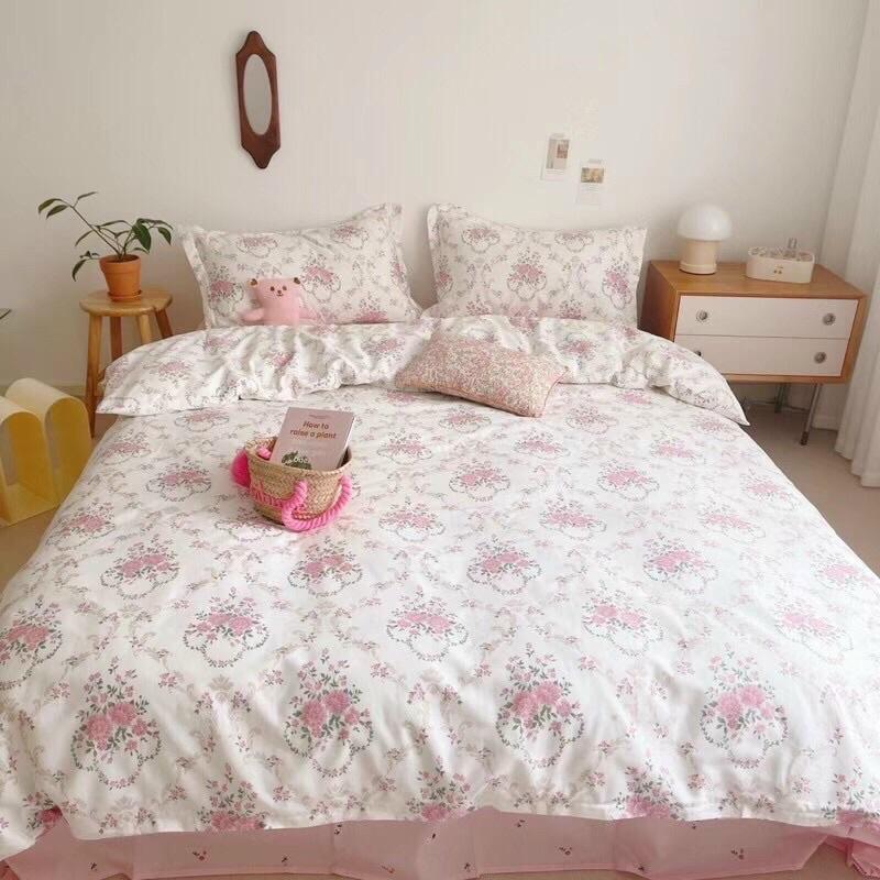 Bộ Chăn Ga Gối Cotton Living 100%cotton Hàng Nhập Khẩu Cao Cấp 4 Món Hoa Hồng Pháp