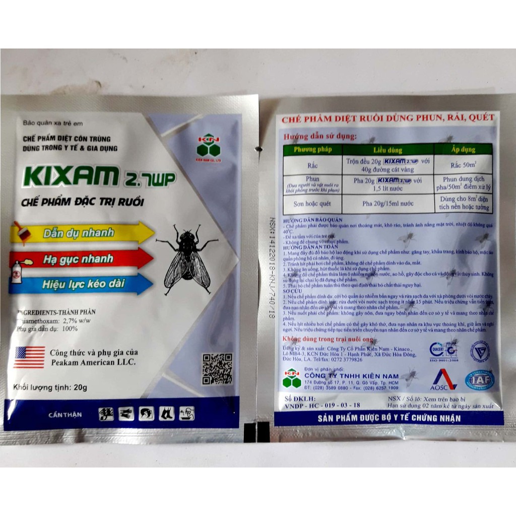 Combo 02 gói diệt ruồi KIXAM 2.7WP 20gr dành cho khu dân cư , trại gà, nhà hàng và các quán ăn