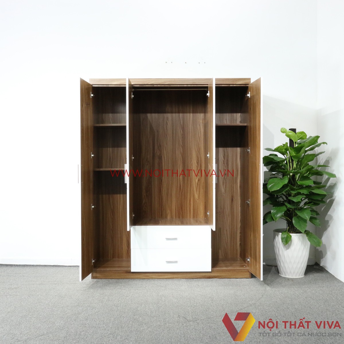 Tủ Áo 4 Cánh Gỗ MDF Melamine Màu Óc Chó Sơn Trắng Cao Cấp