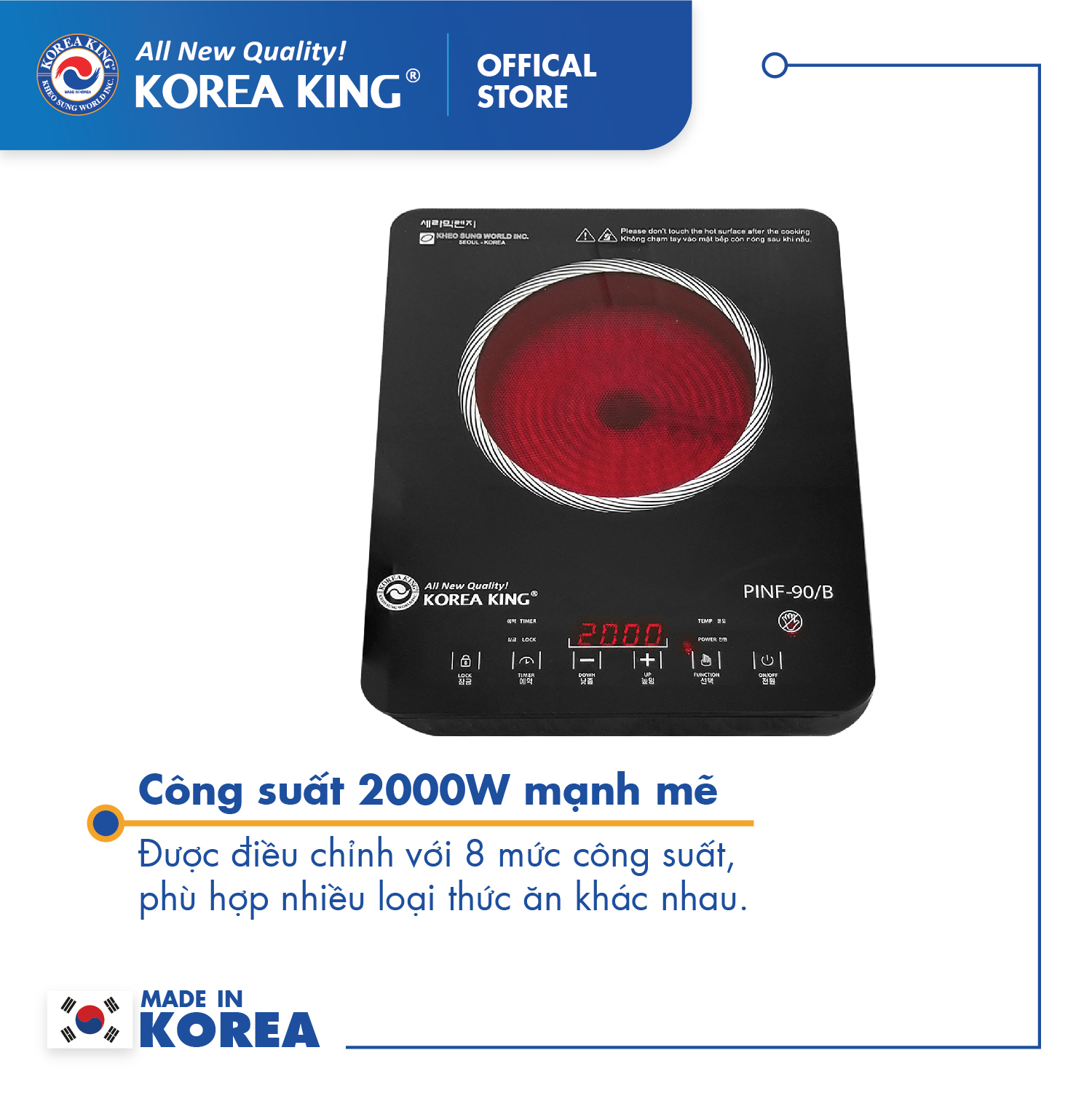 Bếp hồng ngoại Korea King PINF -90B (bếp đơn, mặt kính cường lực, công suất 2000W )-Hàng chính hãng