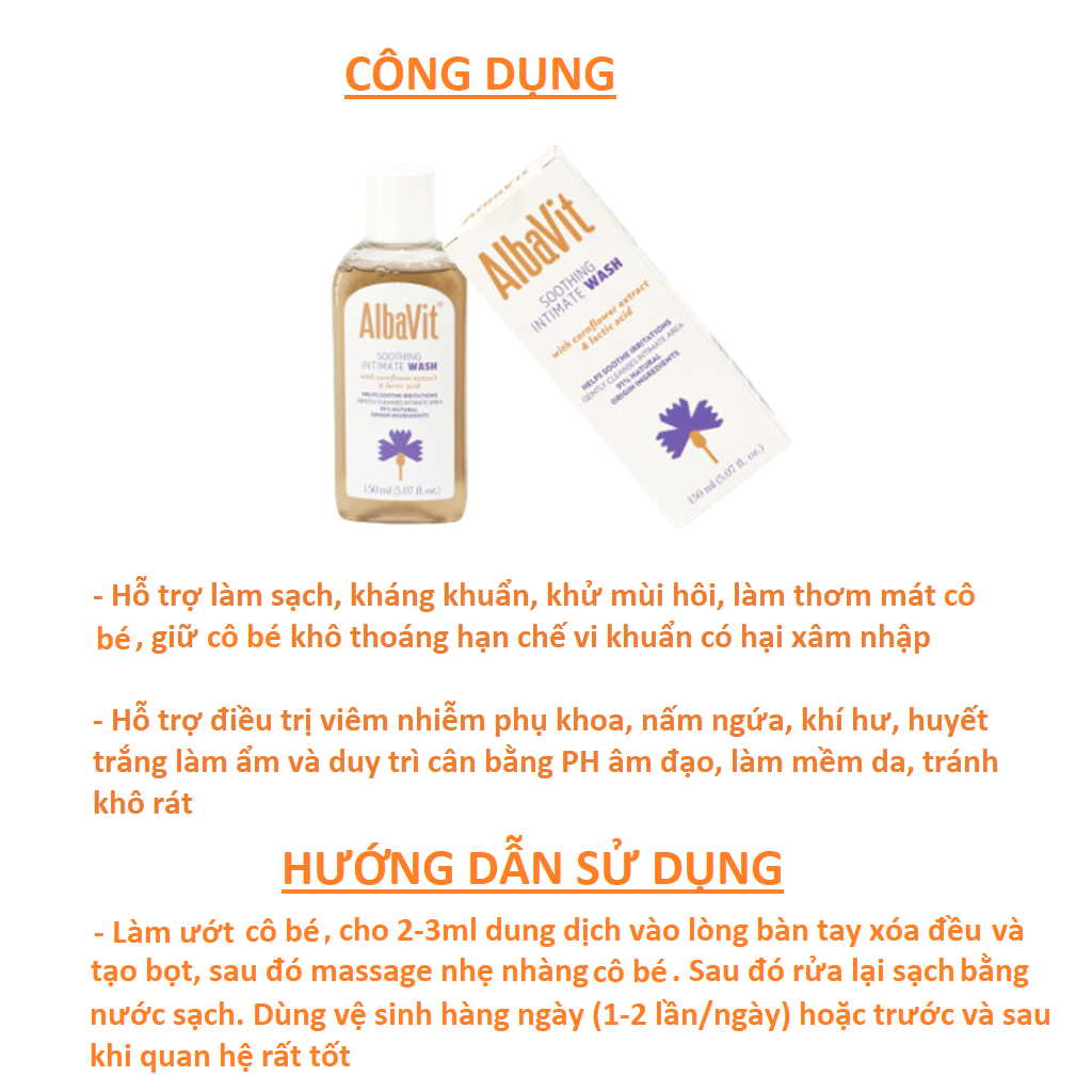 [NHẬP KHẨU BA LAN] Dung Dịch Vệ Sinh Phụ Nữ ALBAVIT SMOOTHING INTIMATE WASH - Rửa Phụ Khoa Giảm Khí Hư Huyết Trắng 150ML