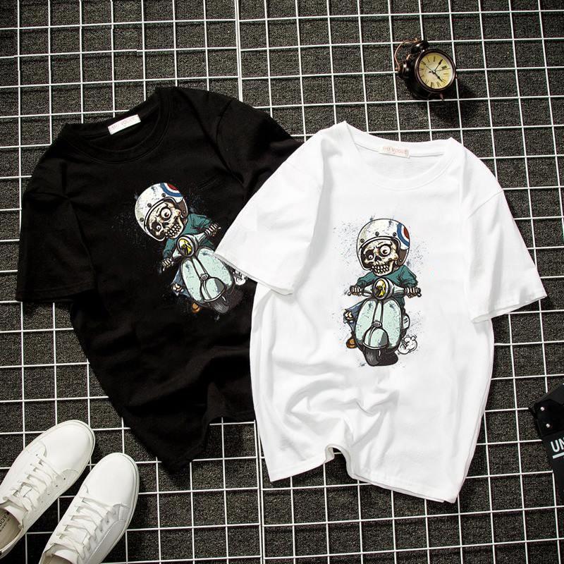 Áo thun unisex đầu lâu đi xe màu trắng 2019T848