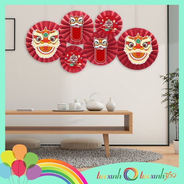 Set 6 quạt giấy kèm hình lân trang trí năm mới
