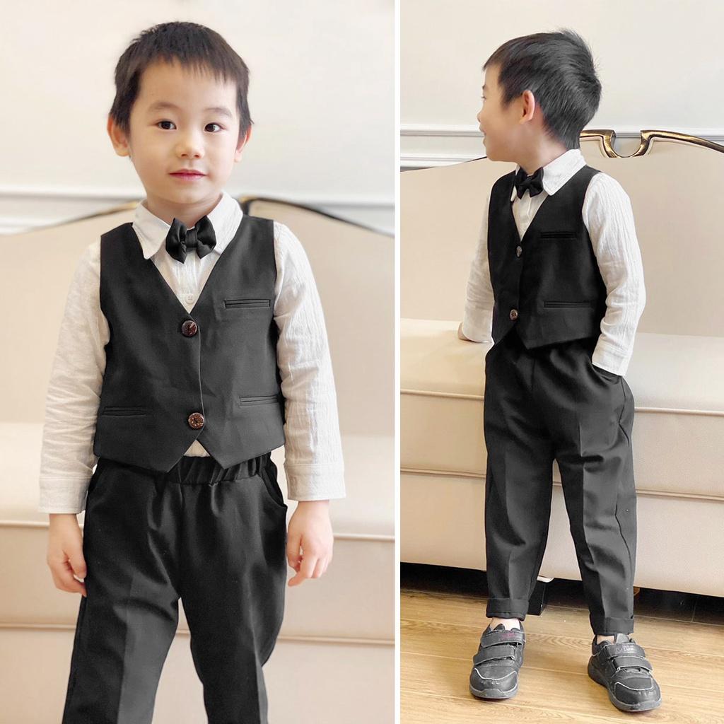 Set Gile 4 chi tiết đồ vest cho bé trai màu đen trắng MamLa