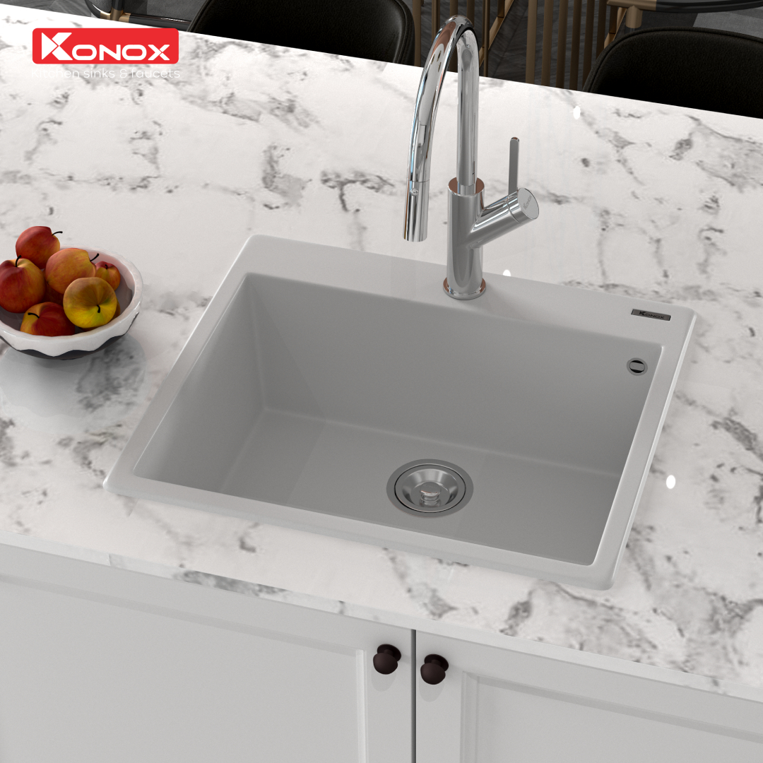 Chậu rửa bát Konox, Granite Series, Model Ruvita 680, Full set gồm Siphon+Giá úp bat Made in Italy, 680*500*200(mm), Hàng chính hãng