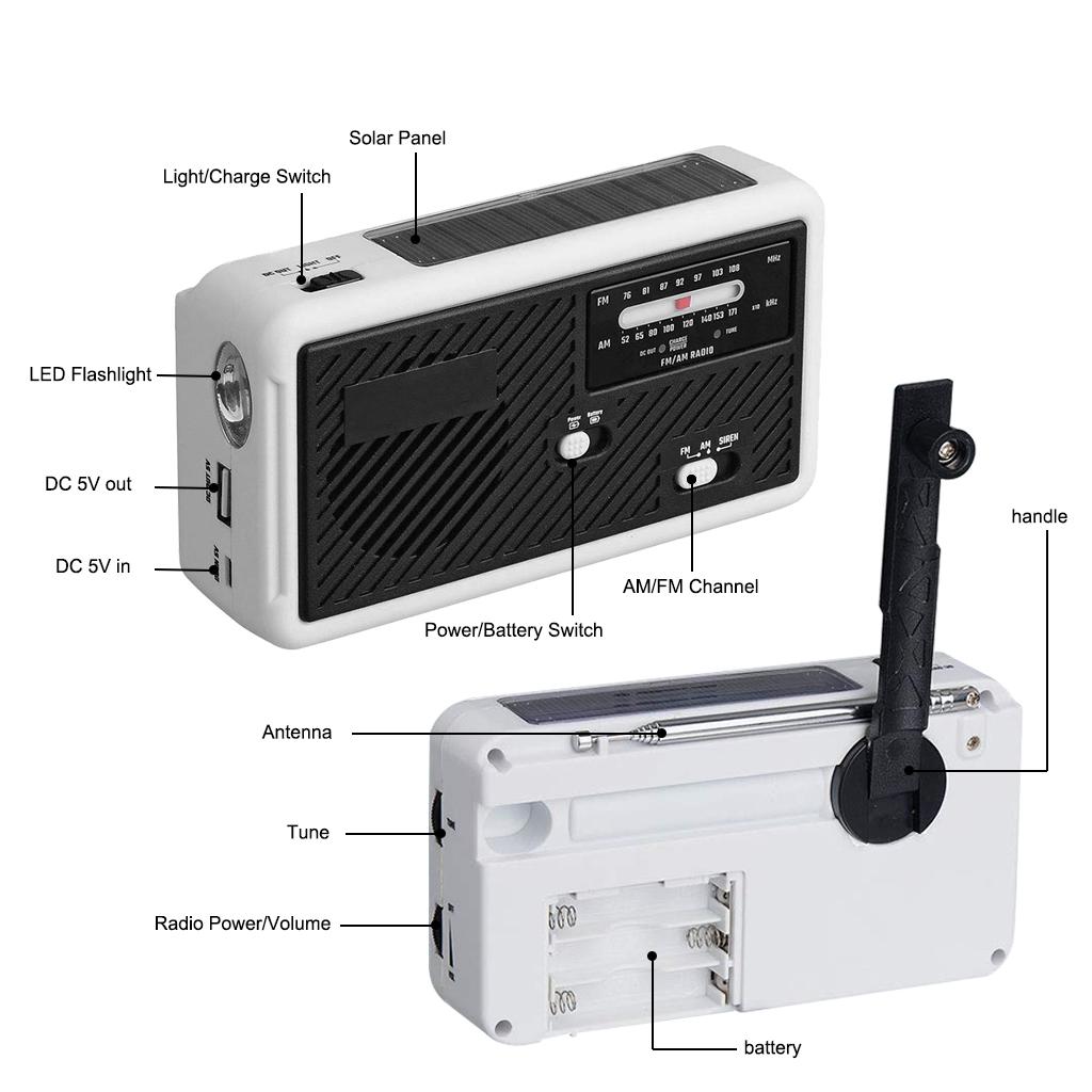 Solar Crank AM/FM Radio SOS Emergency LED Flashlight Black