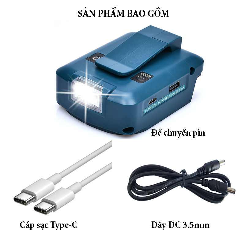 Đế chuyển pin máy công cụ chân pin phổ thông thành sạc dự phòng, cổng type C hỗ trợ sạc nhanh 18W, cổng DC12V đèn led 3 cấp độ sáng