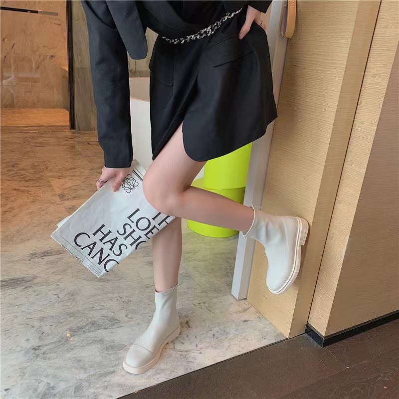 ỚI VỀ CÓ SẴN - ẢNH THẬT Giày bốt nữ cổ ôm mũi tròn đế 3cm da mềm màu đen trắng nâu khóa sau cao cấp