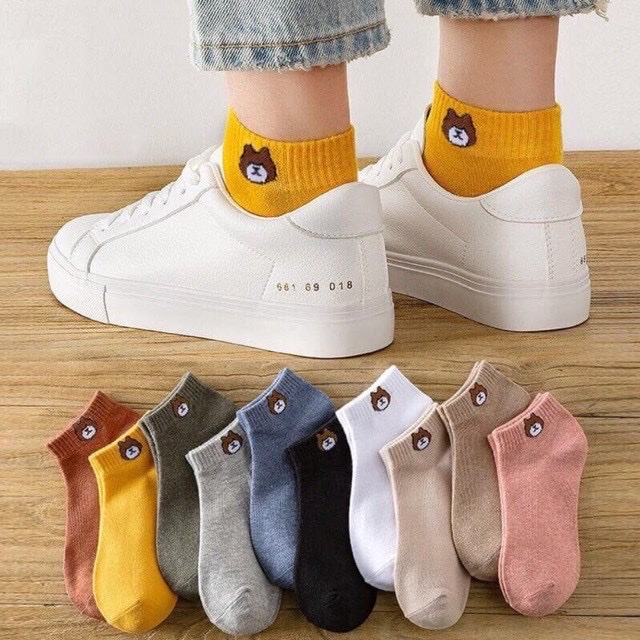 Set 10 đôi tất gấu nữ ,cổ ngắn nhiều màu dễ thương vải cotton , khử mùi , kháng khuẩn kèm túi dây rút xinh xắn cute cho phái nữ