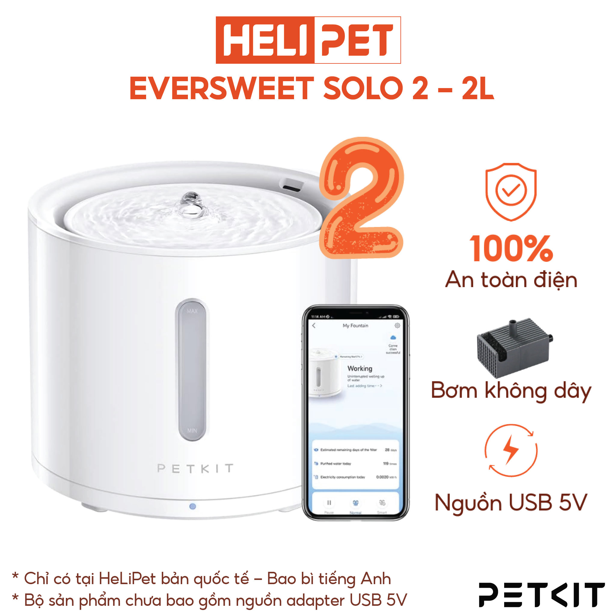 Máy Lọc Nước Cho Mèo Bơm Không Dây PETKIT Solo 2 - HeLiPet