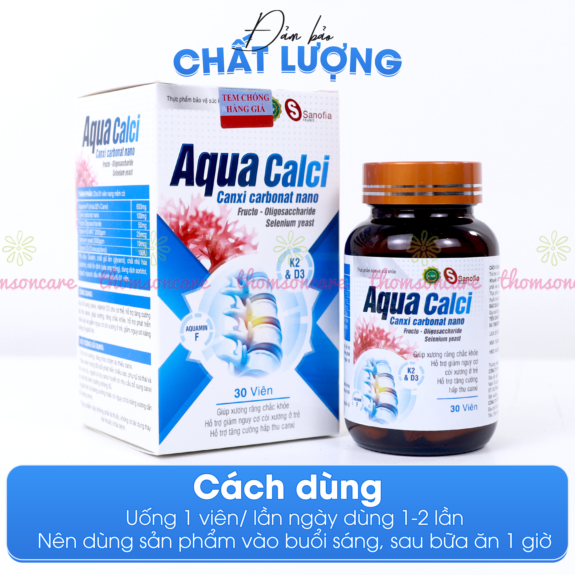 Calci D3 Aqua Canxi Sanofia giúp xương răng chắc khỏe cho bé, giảm nguy cơ loãng xương ở người lớn từ Vitamin d3k2 - Lọ 30 viên