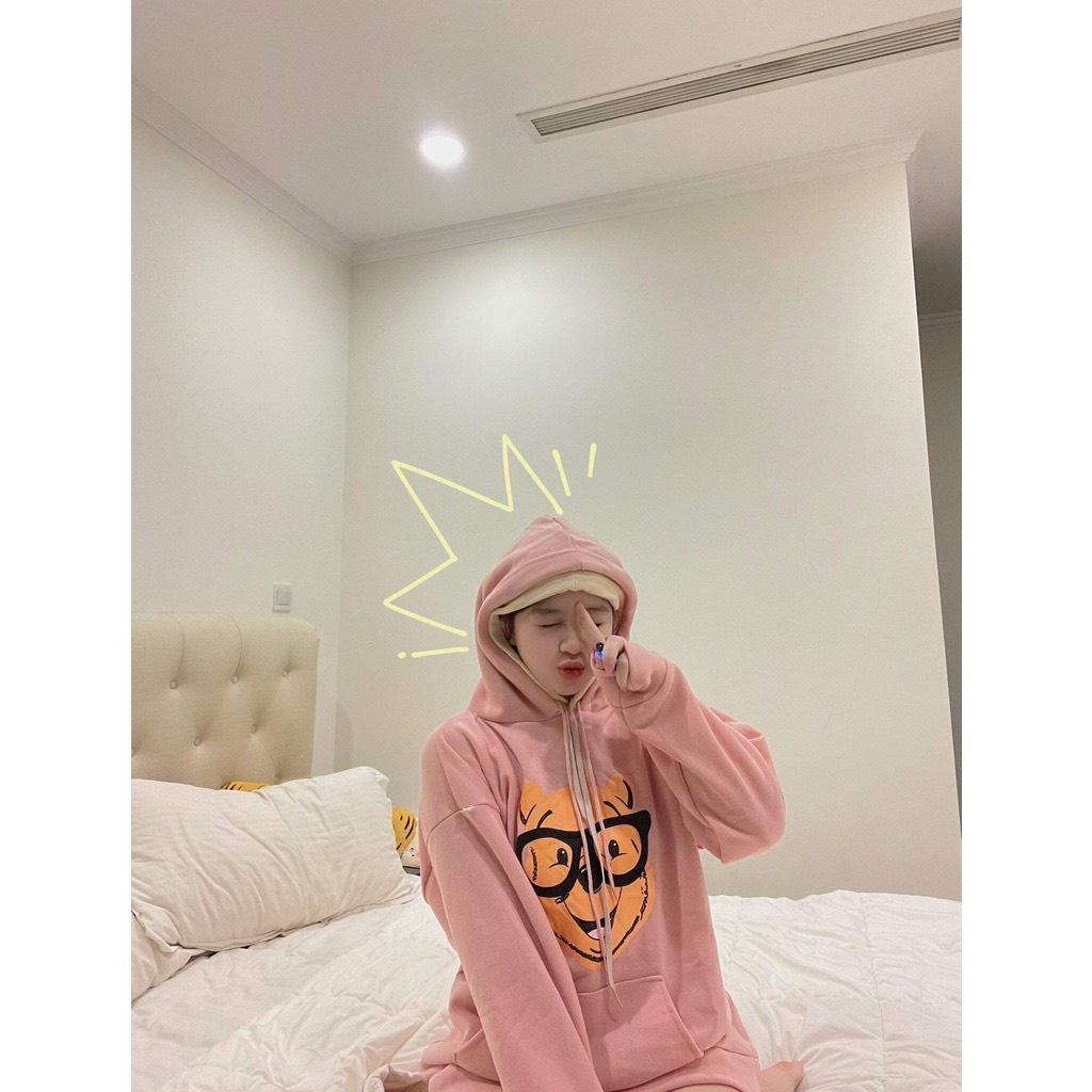 Áo Hoodie Nỉ Unisex Nam Nữ Gấu Đeo Kính Mũ 2 Lớp