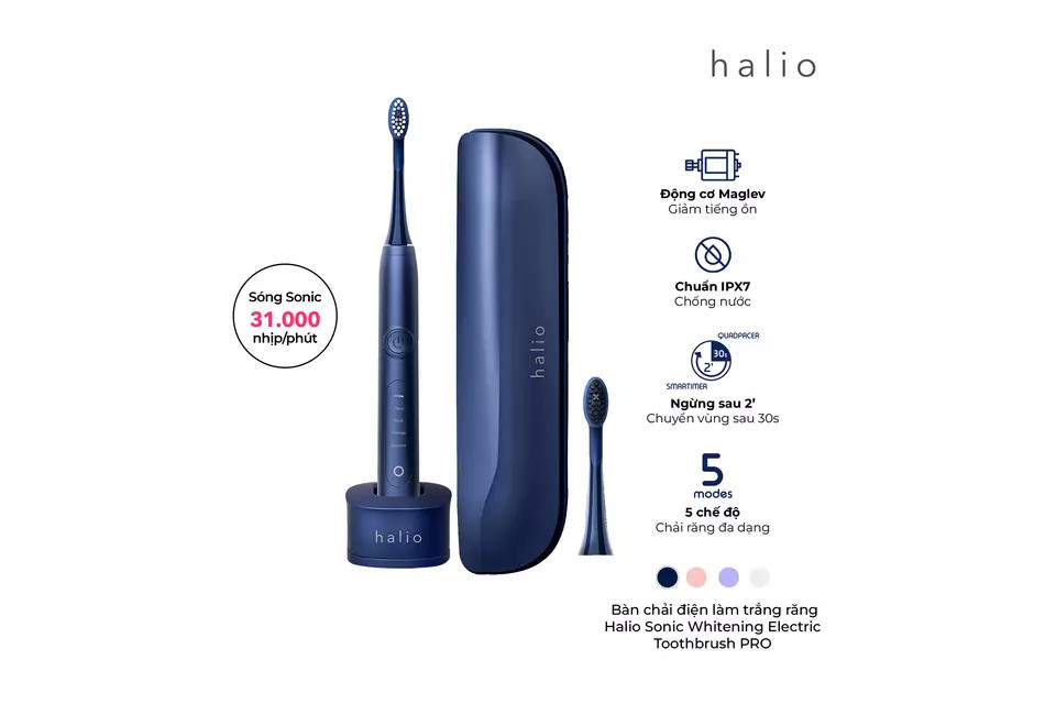 Combo Bàn Chải Điện Làm Trắng Răng Halio PRO - Midnight Blue và Máy tẩy trắng răng Halio kèm bút tẩy trắng răng