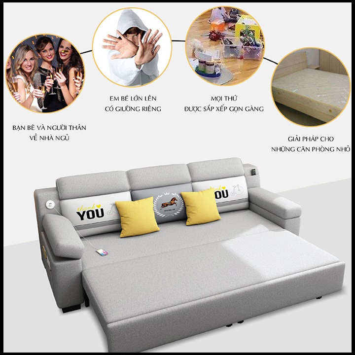 Giường Ngủ Sofa Gấp Gọn Thành Ghế Sofa. Ghế Sofa Giường. Giường Sofa Vải Lanh Cao Cấp Có Ngăn Chứa Đồ, Cổng Sạc USB. Tặng Kèm Gối Cùng Tone