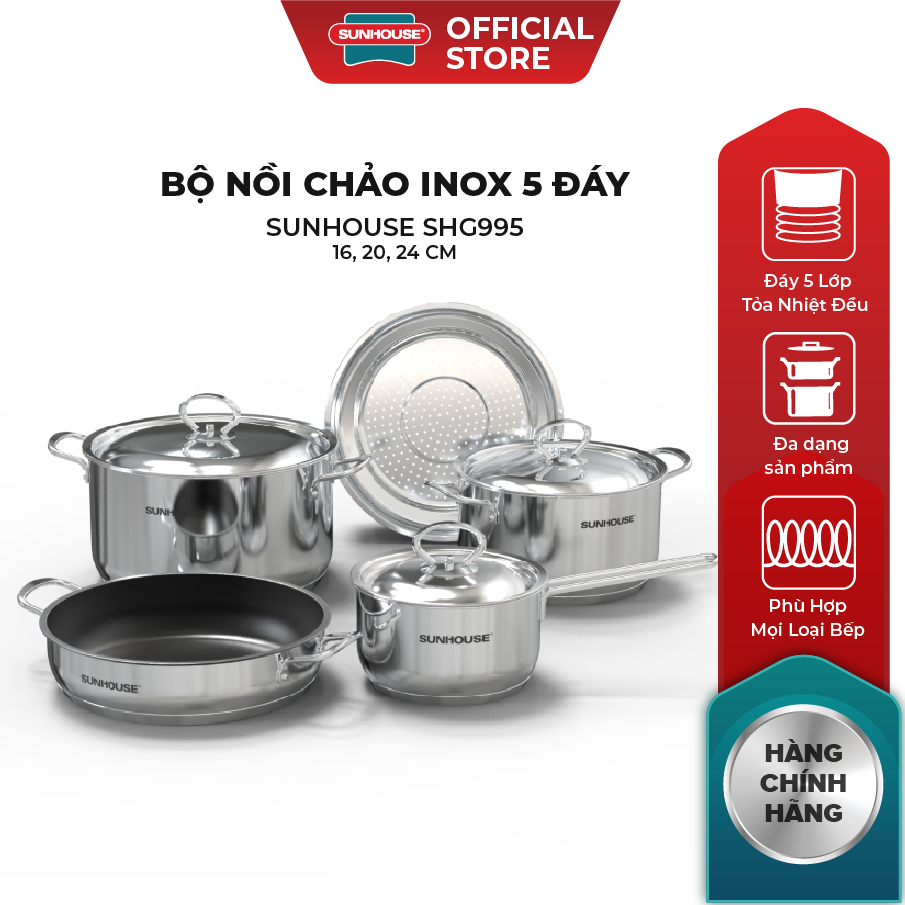 Bộ nồi chảo inox 5 đáy Sunhouse SHG995