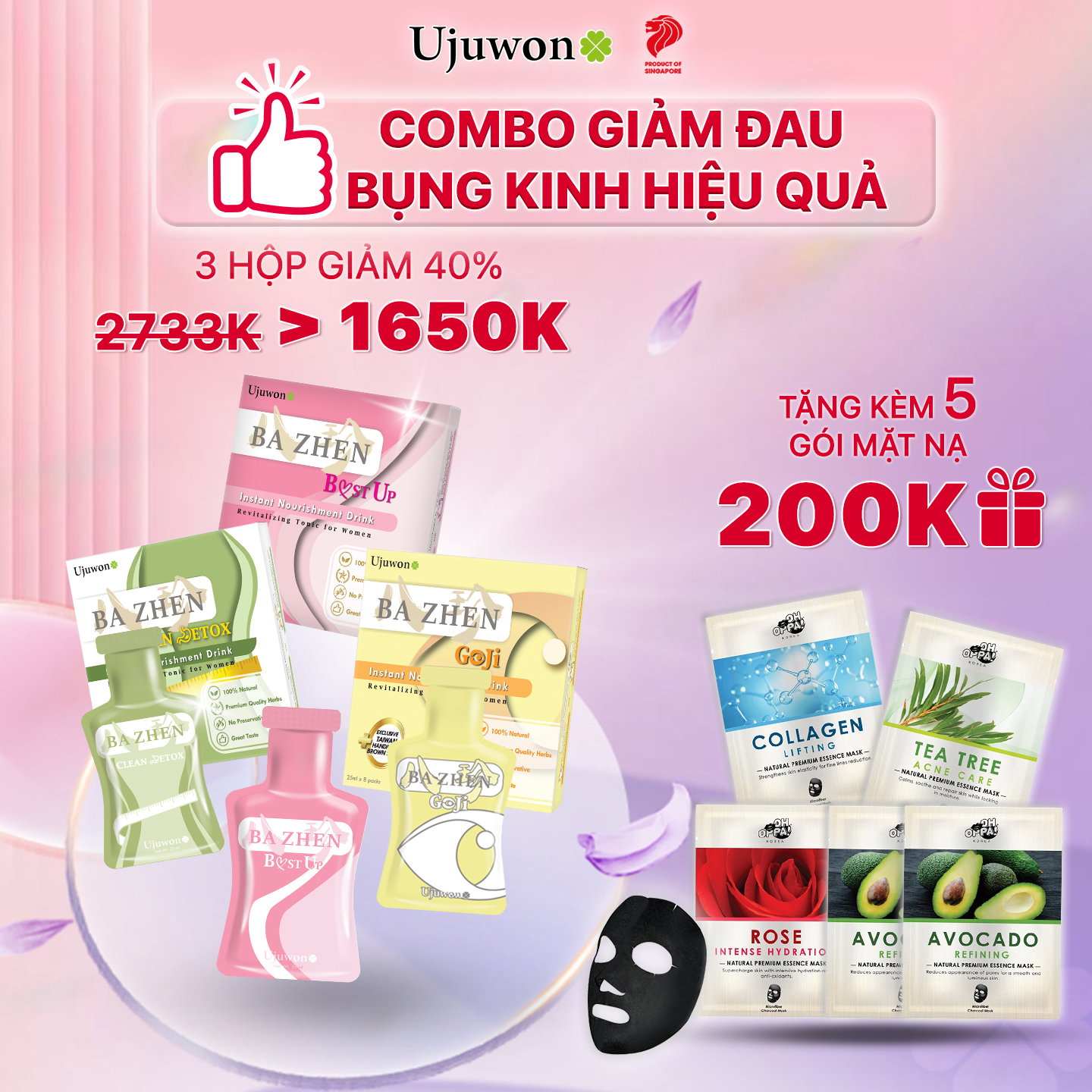 Combo 3 Hộp Nước Uống Thảo Mộc Đài Loan Hỗ Trợ Giảm Đau Bụng, Điều Hòa Kinh Nguyệt, Detox, Da Đẹp, Dáng Thon, Bổ Mắt Ba Zhen Ujuwon