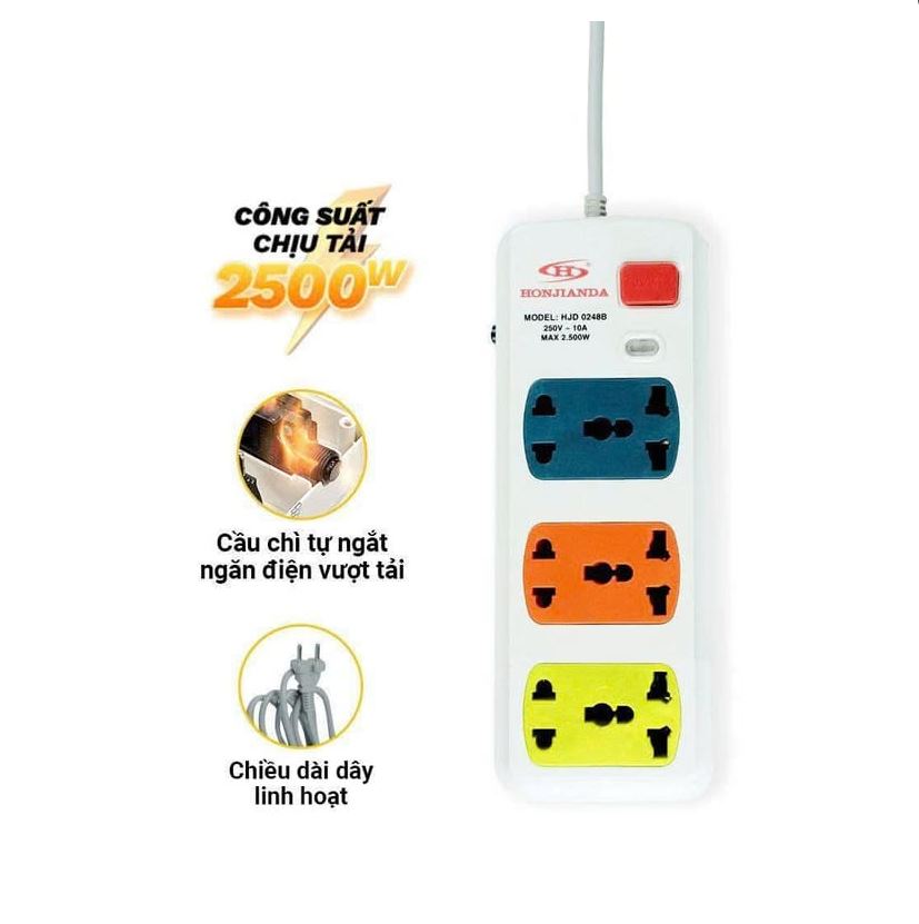 Ổ Cắm Điện Có Cầu Chì Tự Động 6 Lỗ Dây 3m HJD-02B