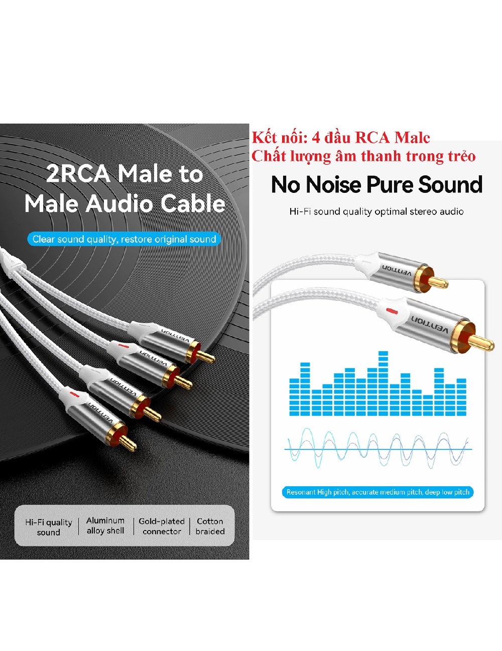 [2RCA male - 2RCA male ] Cáp âm thanh 2 đầu RCA Vention BCQI _ Hàng chính hãng