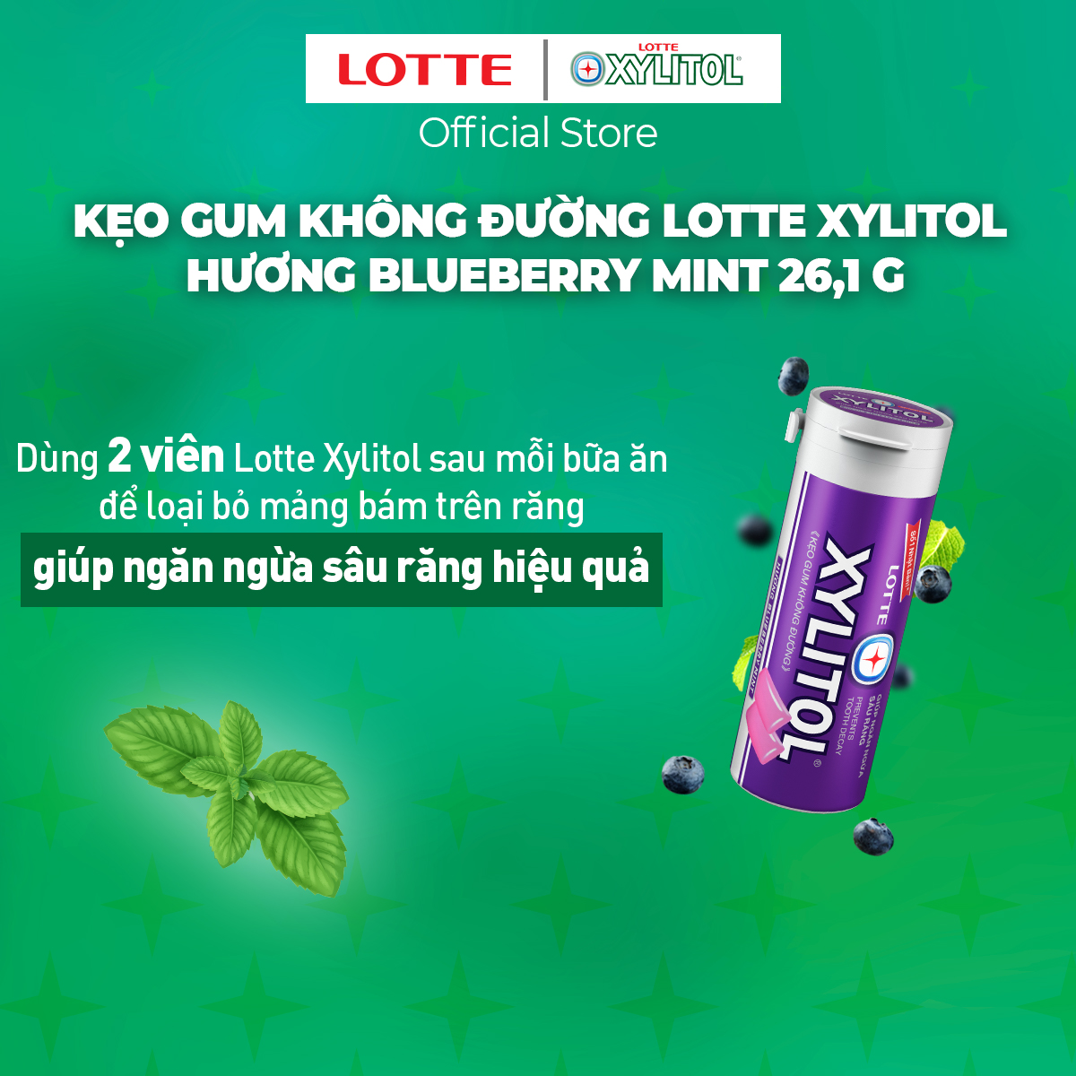 Combo 12 Kẹo Gum không đường Lotte Xylitol - Hương Blueberry Mint 26,1 g