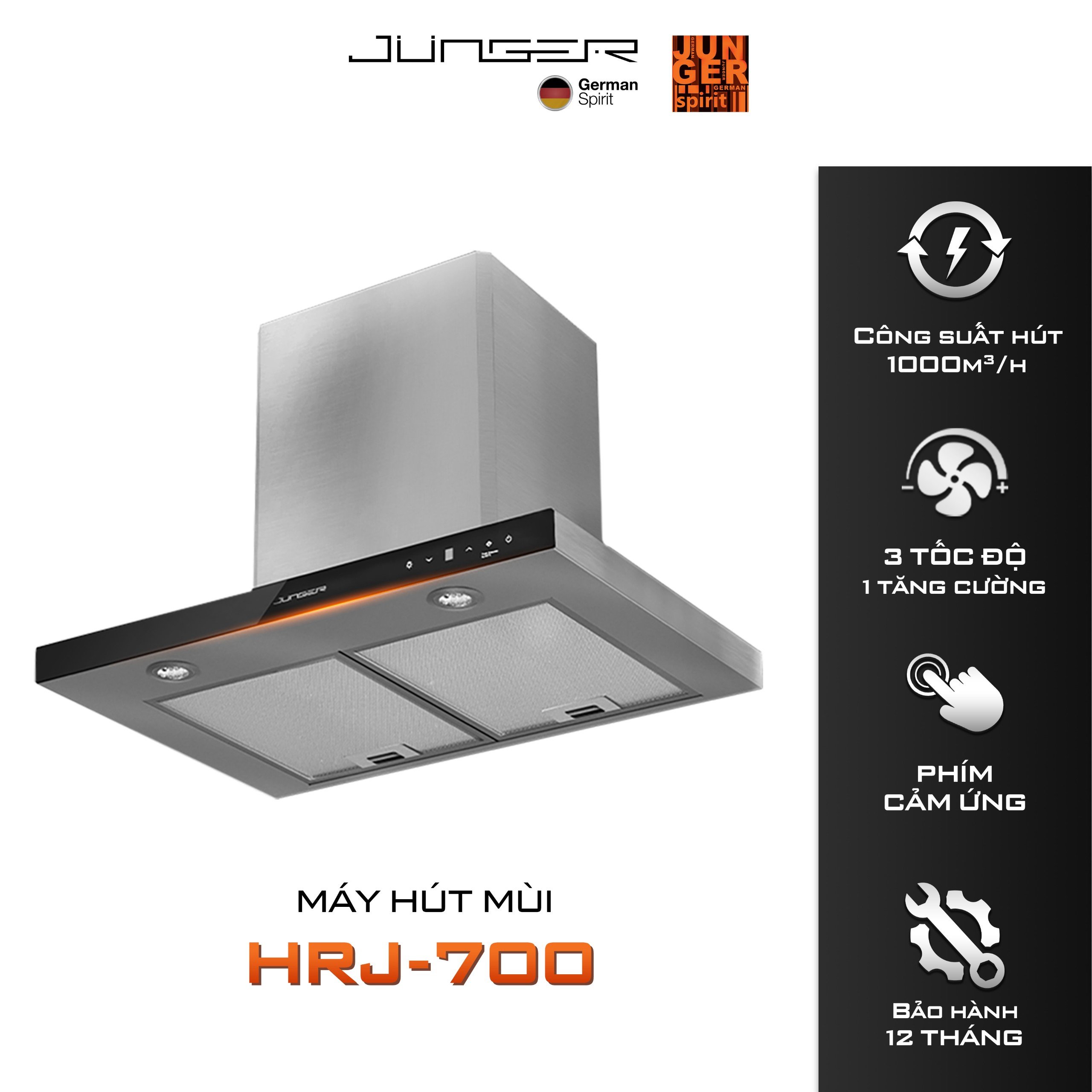 Hút mùi Junger HRJ-700 Công suất 1000m3/h Động cơ AC hút xả trực tiếp Hàng Chính Hãng Bảo Hành 12 Tháng