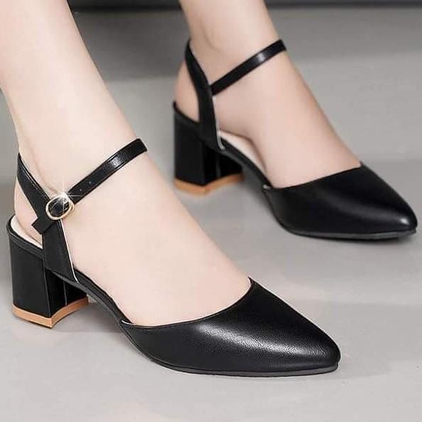 Giày cao gót thời trang mũi nhọn phối dây hở gót cao 5cm màu đen size lớn 40 41 42 43
