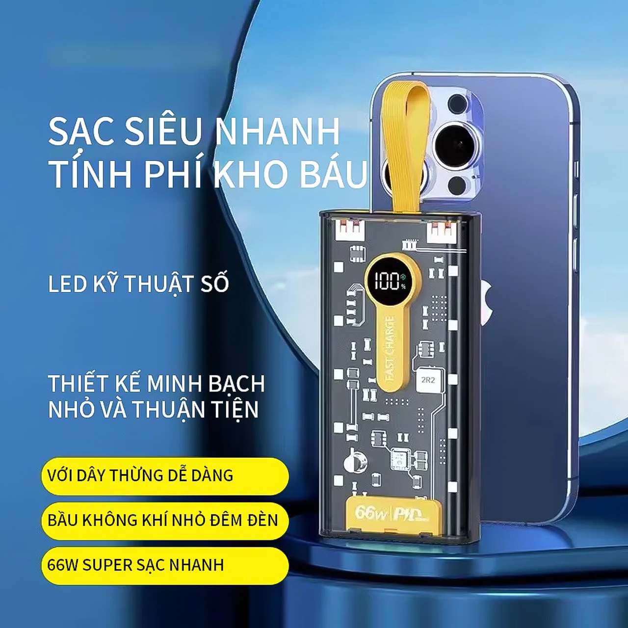 Sạc Dự Phòng Trong Suốt 66W 20000mAh Vinetteam Hỗ Trợ PD Sạc Nhanh, Cáp Đi Kèm, Màn Hình LED - hàng chính hãng