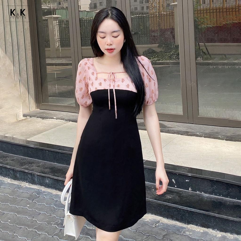 Đầm Chữ A Màu Đen Phối Màu K&amp;K Fashion KK117-14 Chất Liệu Tuyết Mưa Phối Voan Gân