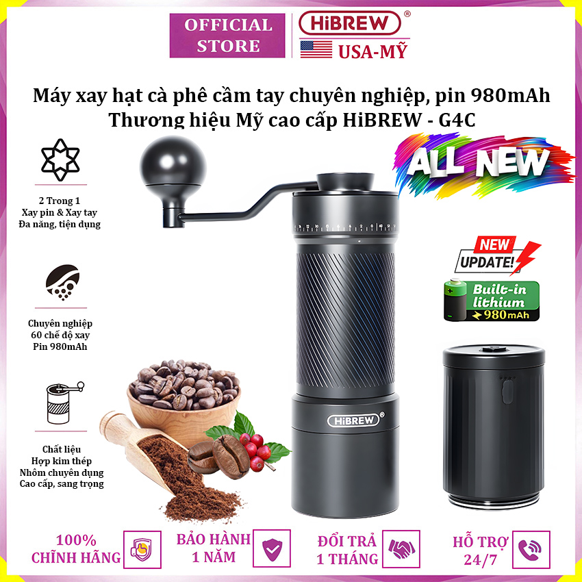 Máy xay hạt cà phê cầm tay kèm pin 60 cấp độ xay 2 trong 1 thương hiệu Mỹ HiBREW G4C - Dung lượng pin 980mAh - Hàng nhập khẩu