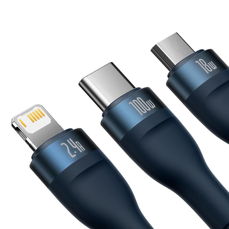 Cáp sạc nhanh 3 đầu Baseus Flash Series 2 Fast Charging Data Cable USB to M+L+C 100W (Hàng chính hãng)