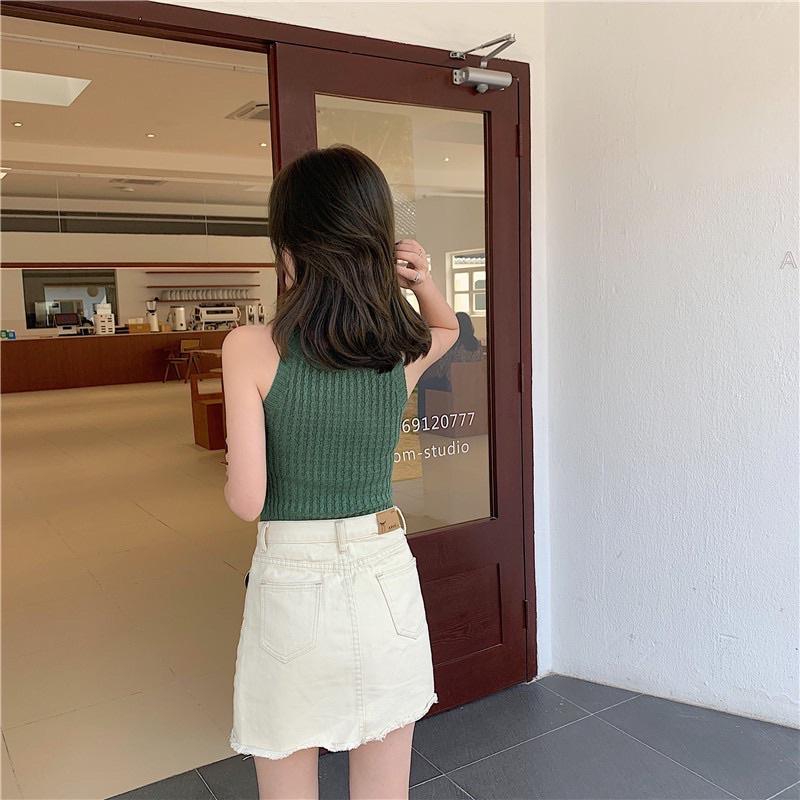 Áo len sát nách cổ yếm Áo croptop ôm body không tay hở vai, Phong cách trẻ trung năng động, Thời trang thu xinh