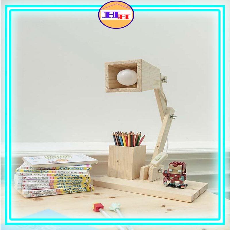 Đèn để bàn bằng gỗ thông - Combo đèn học + hộp bút
