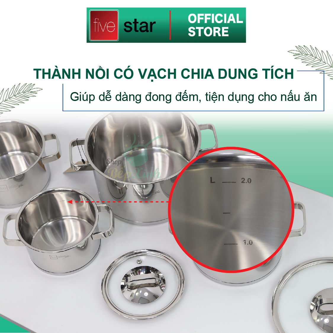 Bộ Nồi Inox 304 Fivestar Plush 3 đáy từ 4 Món Nắp Kính