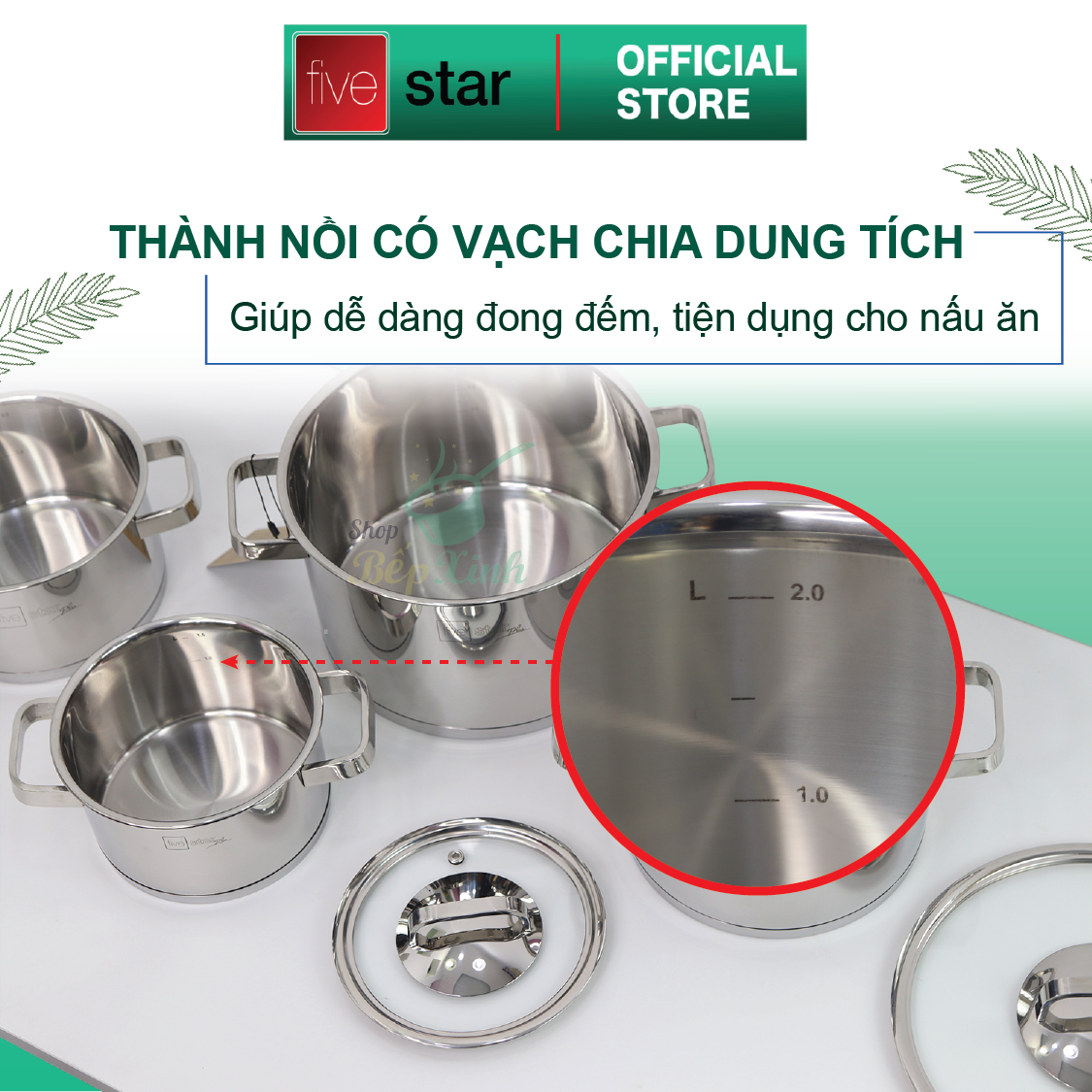 Bộ Nồi Inox 304 Fivestar Plush 3 đáy từ 4 Món Nắp Kính ( Tặng 10 Muỗng Ăn Inox )