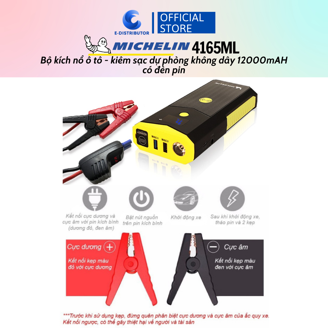 Bộ kích bình ô tô 750A - 1500A chuyên dụng kiêm sạc dự phòng 12000 mAh có đèn pin Michelin 4165ML - Hàng chính hãng