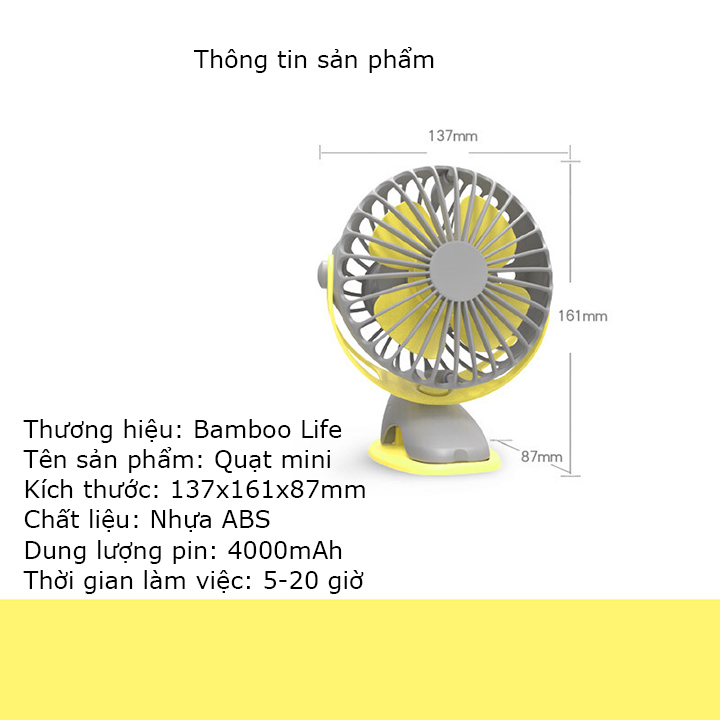 Quạt mini, quạt tích điện để bàn cầm tay Bamboo Life chính hãng dung lượng pin 4000mAh xoay 360 độ sạc pin kẹp nôi kẹp xe đẩy cho bé