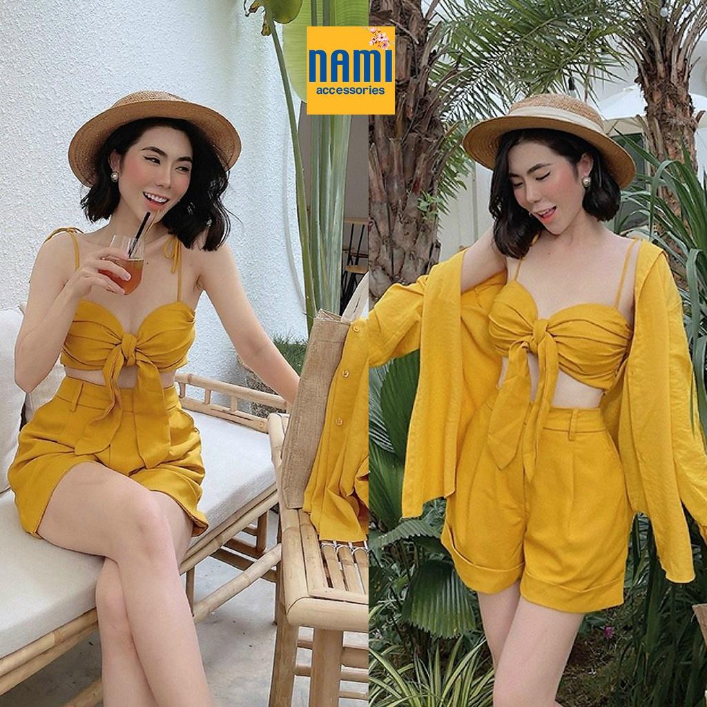 Combo 3 Món Set Áo Sơ Mi Form Rộng Kèm Bra Croptop Nơ Ngực Và Quần Short Gợi Cảm Xinh Xắn - ATNU019